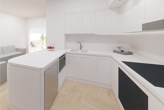 White kitchen design for a small space, with herringone timber floor.